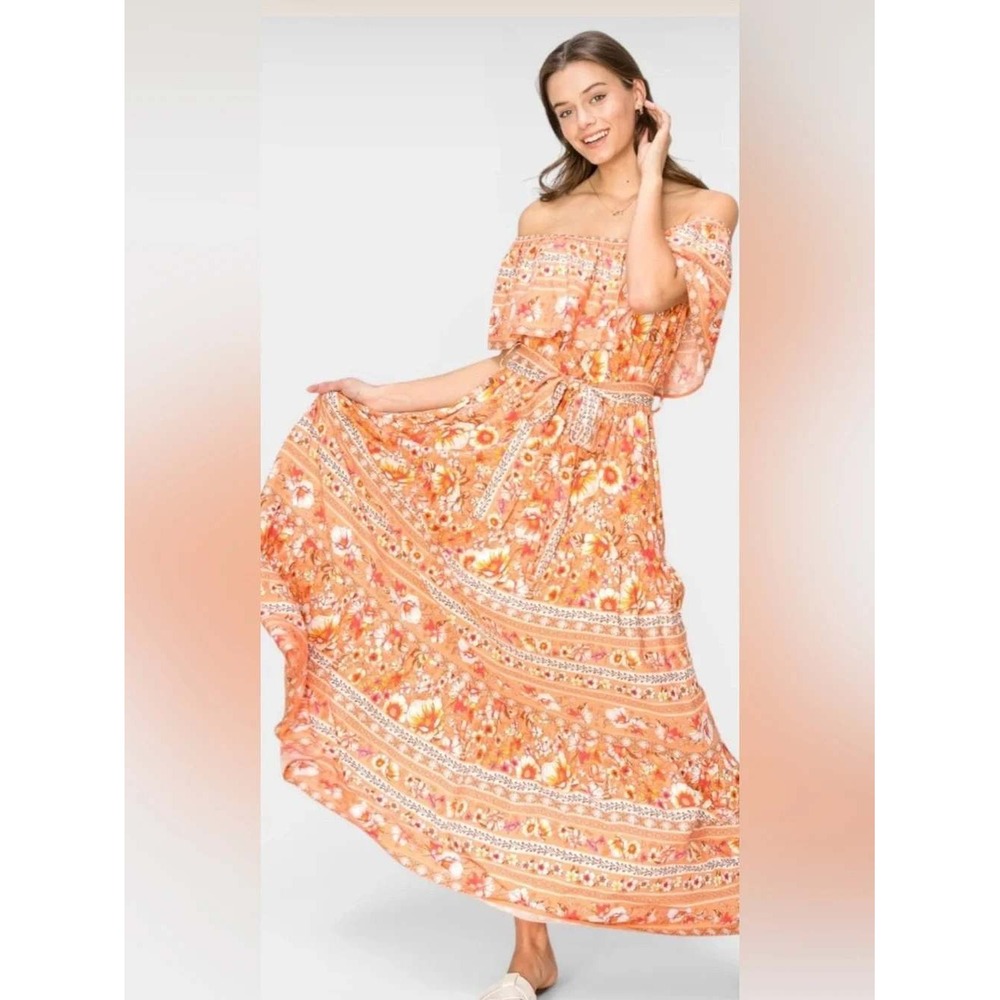 Hyfve Orange Floral Boho Off Shoulder Maxi Dress Medium Tie Waist Boho